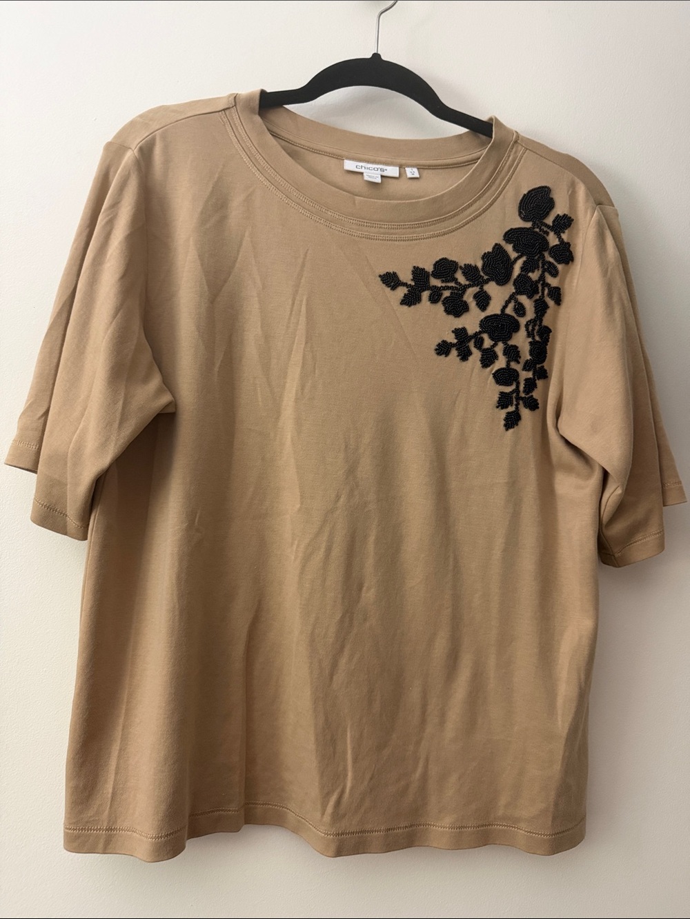 Chico's Tan Short-Sleeve Tee with Black Beaded Floral Embroidery